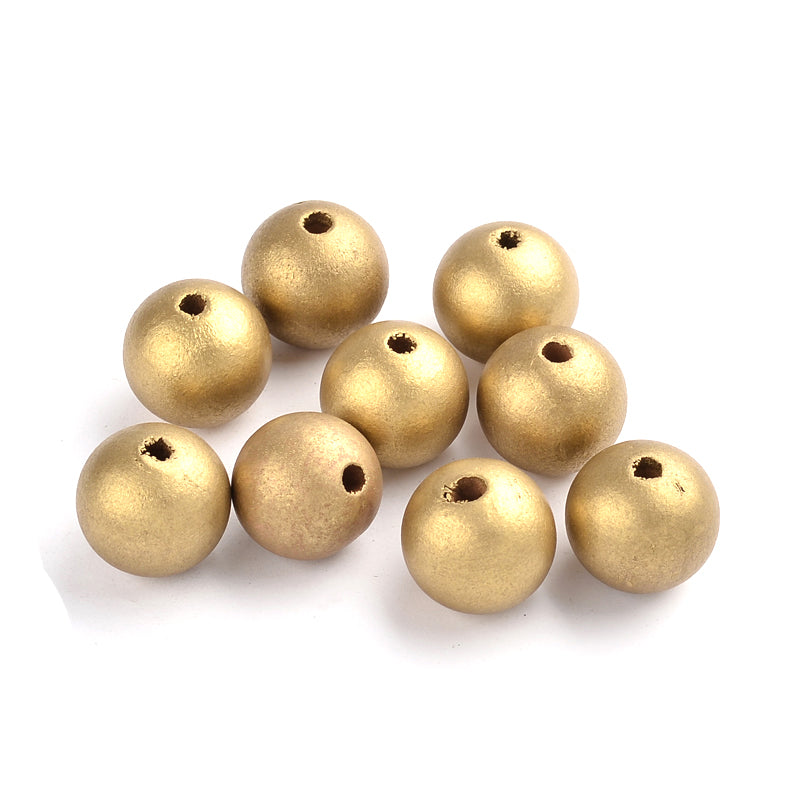 10 Large Wooden Beads - Painted Gold Tone - 25mm