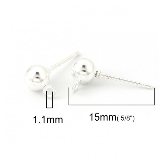 Ball Stud Earrings with Loop - Silver Plated - Pack of 50