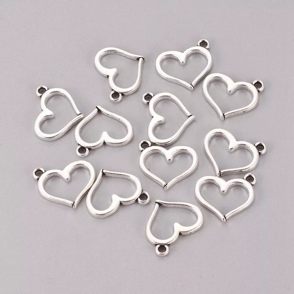Antique Silver Heart Charms - 16mm x 12mm - Pack of 10