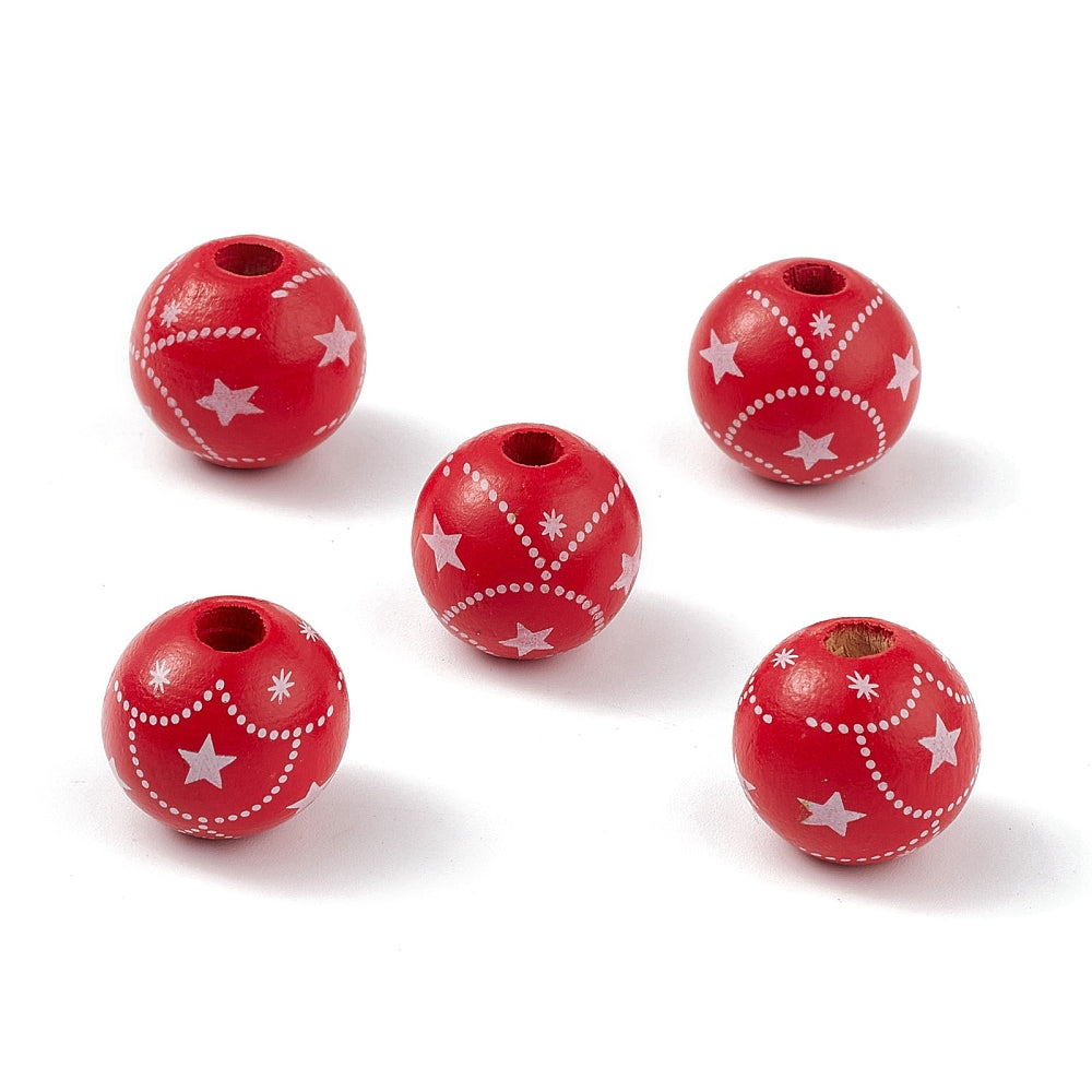 Christmas Wooden Round Beads - Red Stars - 16mm - Pack of 10