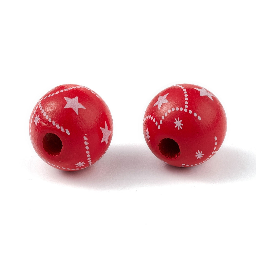 Christmas Wooden Round Beads - Red Stars - 16mm - Pack of 10