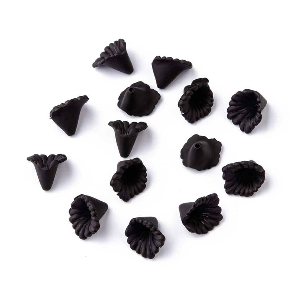 30 Acrylic Frosted Black Lily Flower Bead Caps - 12mm x 12mm