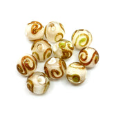 Lampwork Glass Round Beads - White & Gold Swirls - 10mm - Pack of 10