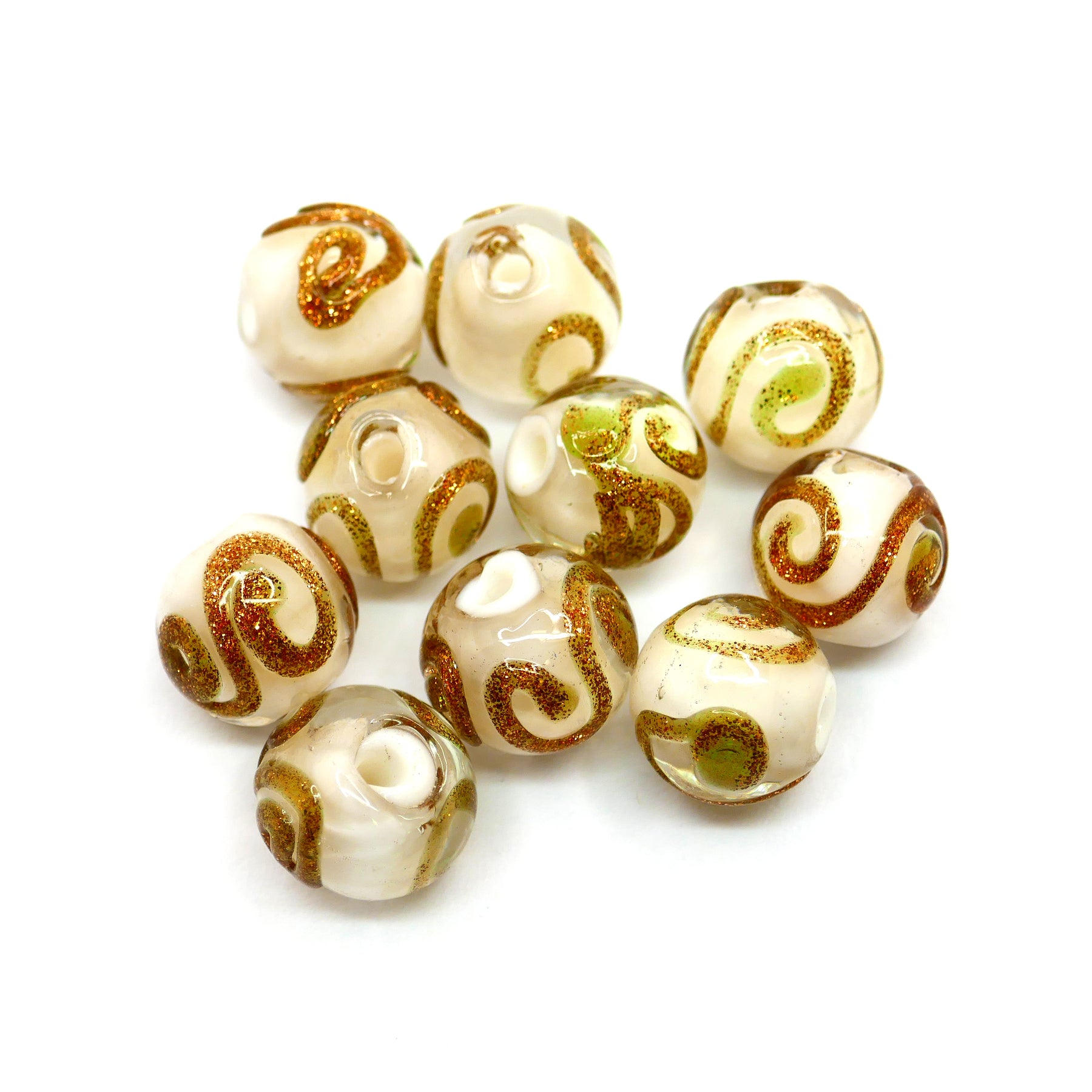 Lampwork Glass Round Beads - White & Gold Swirls - 10mm - Pack of 10