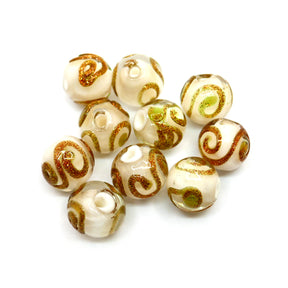 Lampwork Glass Round Beads - White & Gold Swirls - 10mm - Pack of 10