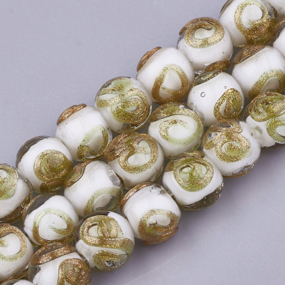 Lampwork Glass Round Beads - White & Gold Swirls - 10mm - Pack of 10
