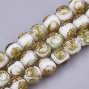 Lampwork Glass Round Beads - White & Gold Swirls - 10mm - Pack of 10