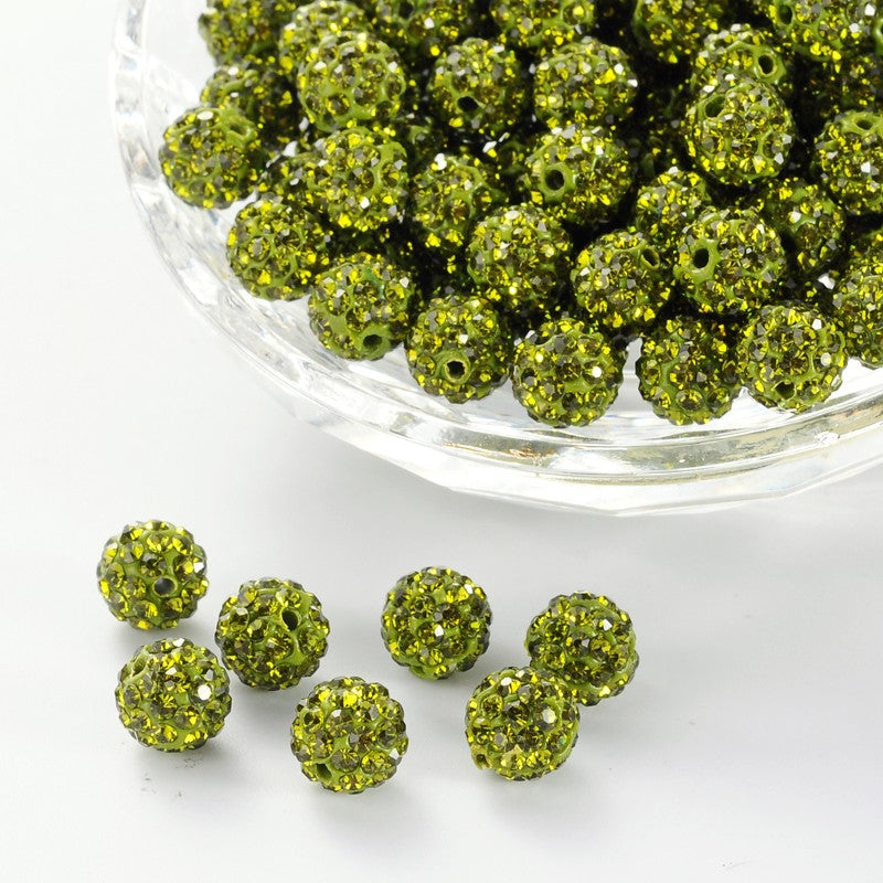 10 Pave Disco Ball Clay Beads Rhinestone - Olivine Green - 8mm