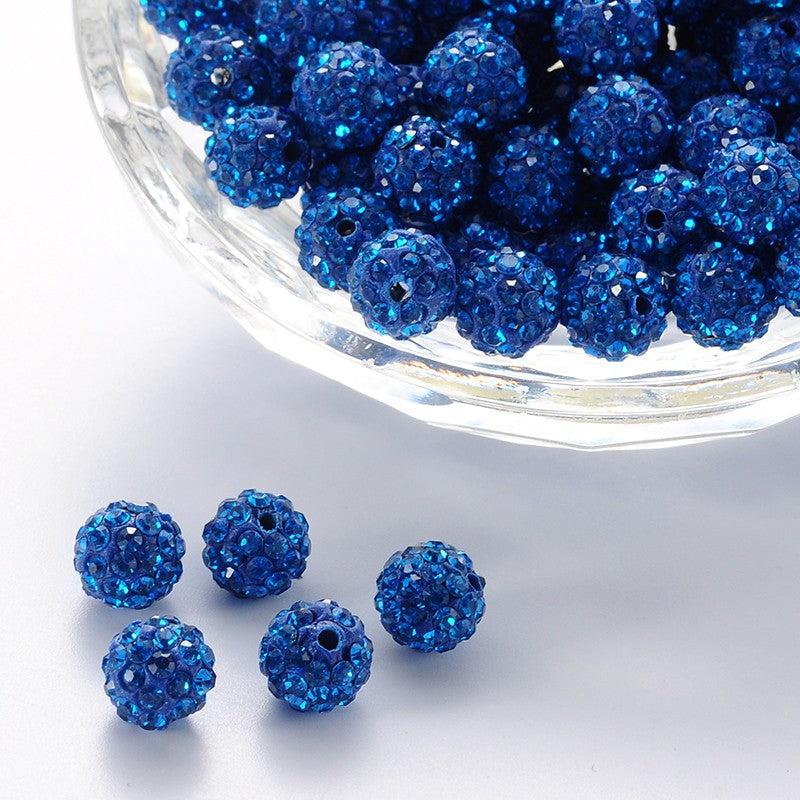 10 Pave Disco Ball Clay Beads Rhinestone - Capri Blue - 8mm