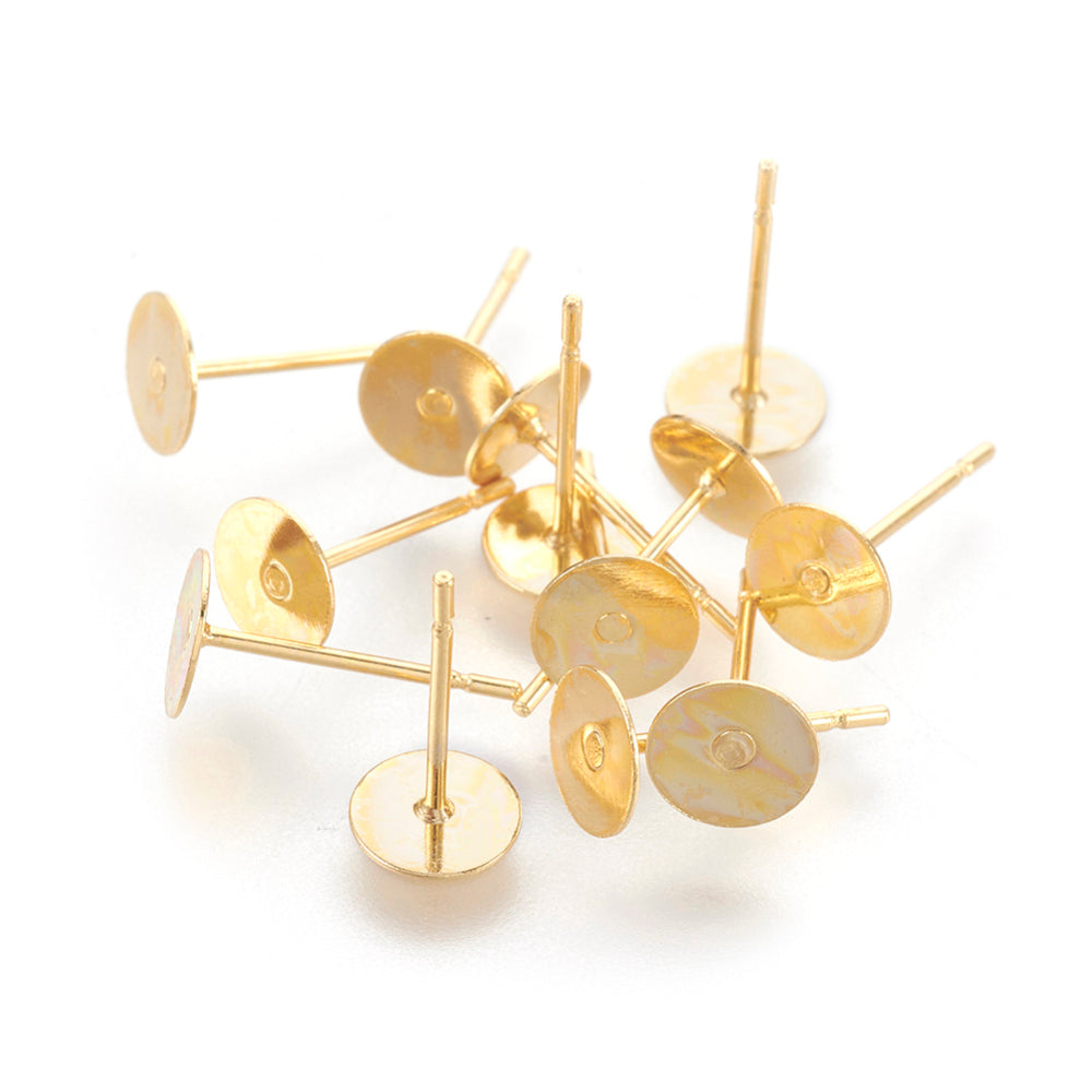 Flat Stud Earrings - Stainless Steel & Gold Plated - 6mm - Pack of 50