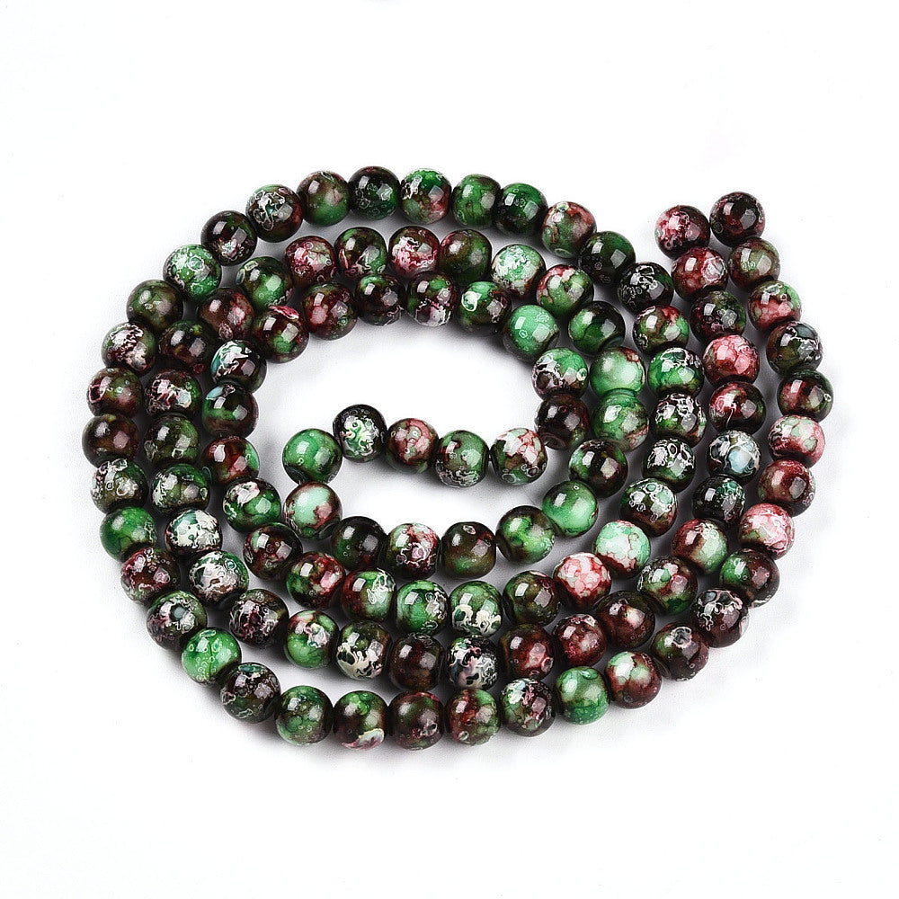 Marbled Glass Round Beads - Black Mottled Red & Green - 8mm - 1 Strand