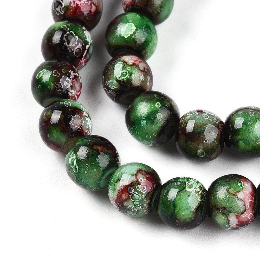 Marbled Glass Round Beads - Black Mottled Red & Green - 8mm - 1 Strand