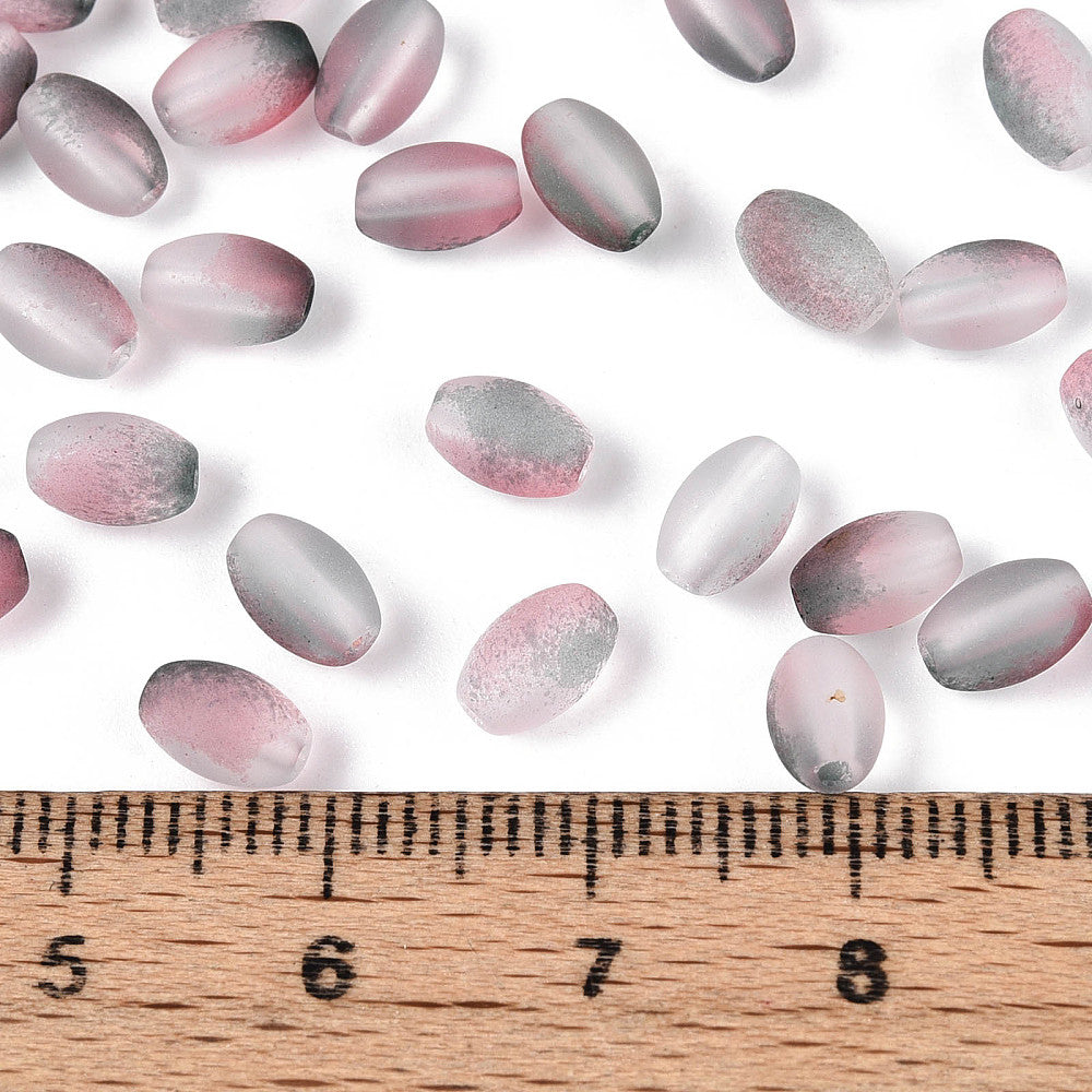 Frosted Glass Oval Beads - Pink/Grey - 6mm - Pack of 100