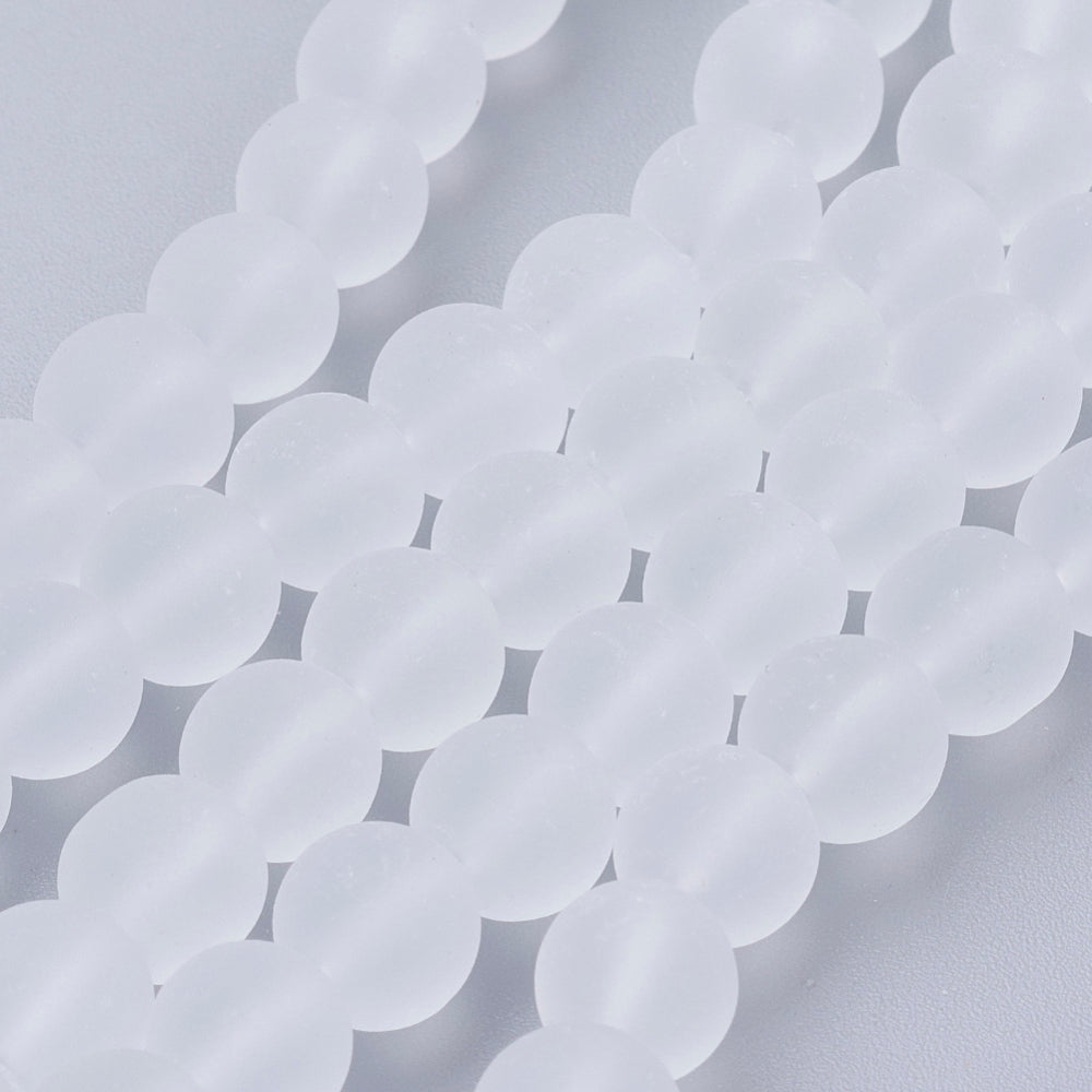 1 Strand Round Frosted Glass Beads - White / Clear - 8mm Julz Beads 