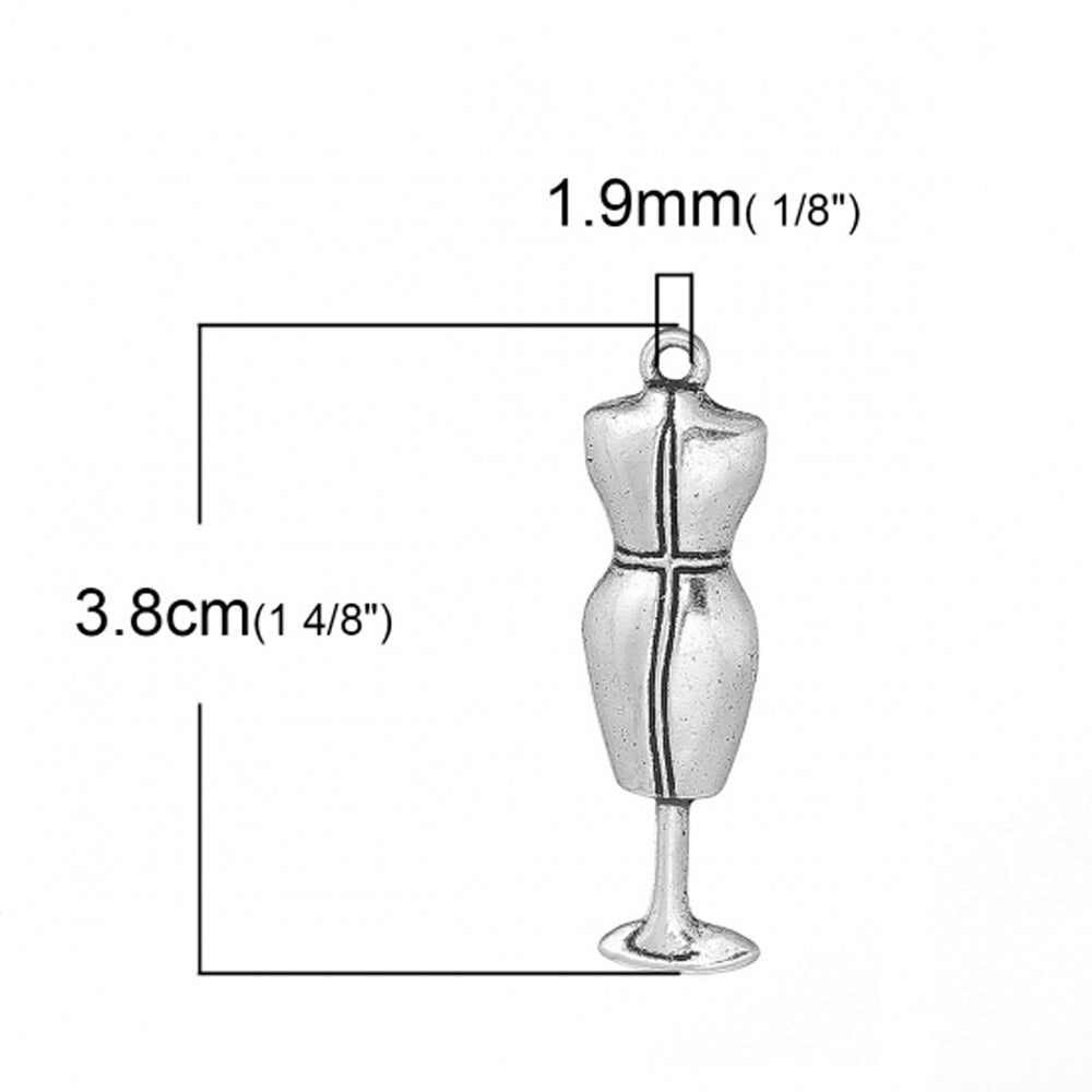 10 3D Mannequin Charms - Antique Silver Tone - 38mm x 11mm Charms Julz Beads 