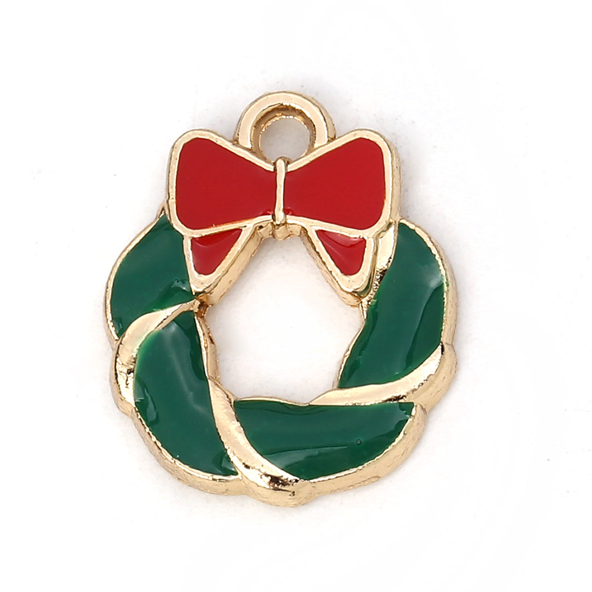 10 Christmas Wreath Charms - Gold Plated & Green Enamel - 16mm x 14mm Charms Julz Beads 