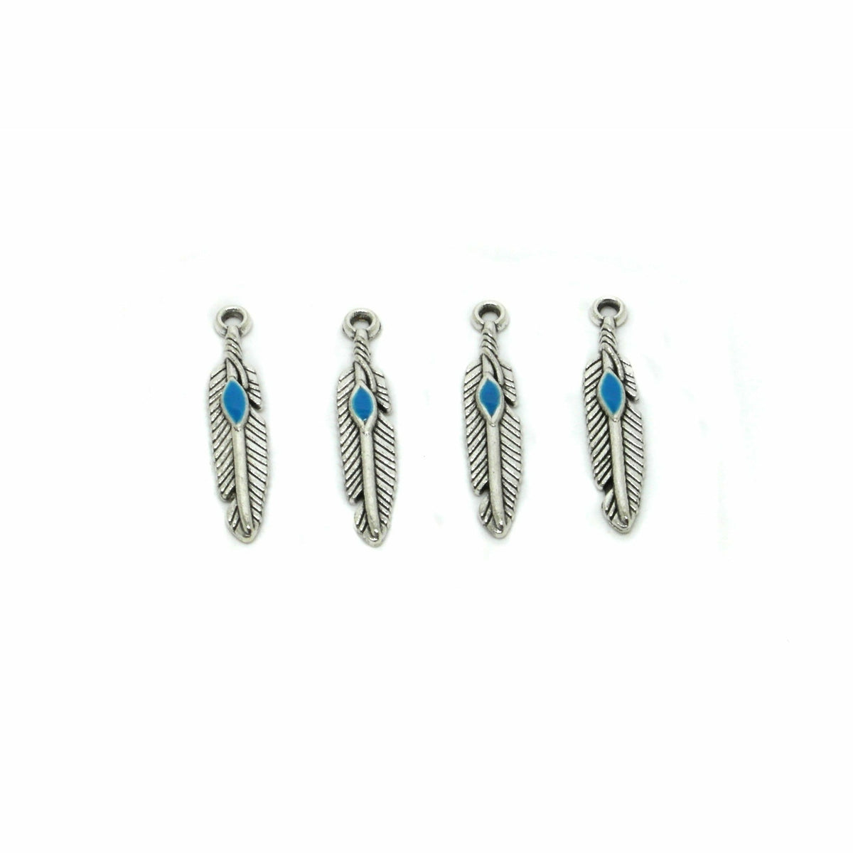10 Feather Charms - Silver Tone with Blue Enameling - 28mm x 5mm Charms Julz Beads 