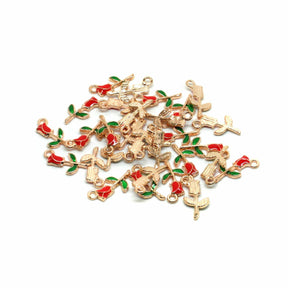 10 Single Red Rose Charms - Gold Plated & Enamel - 19mm x 10mm Charms Julz Beads 