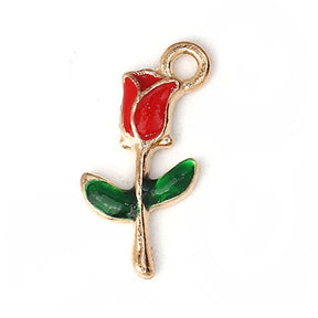 10 Single Red Rose Charms - Gold Plated & Enamel - 19mm x 10mm Charms Julz Beads 
