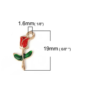 10 Single Red Rose Charms - Gold Plated & Enamel - 19mm x 10mm Charms Julz Beads 