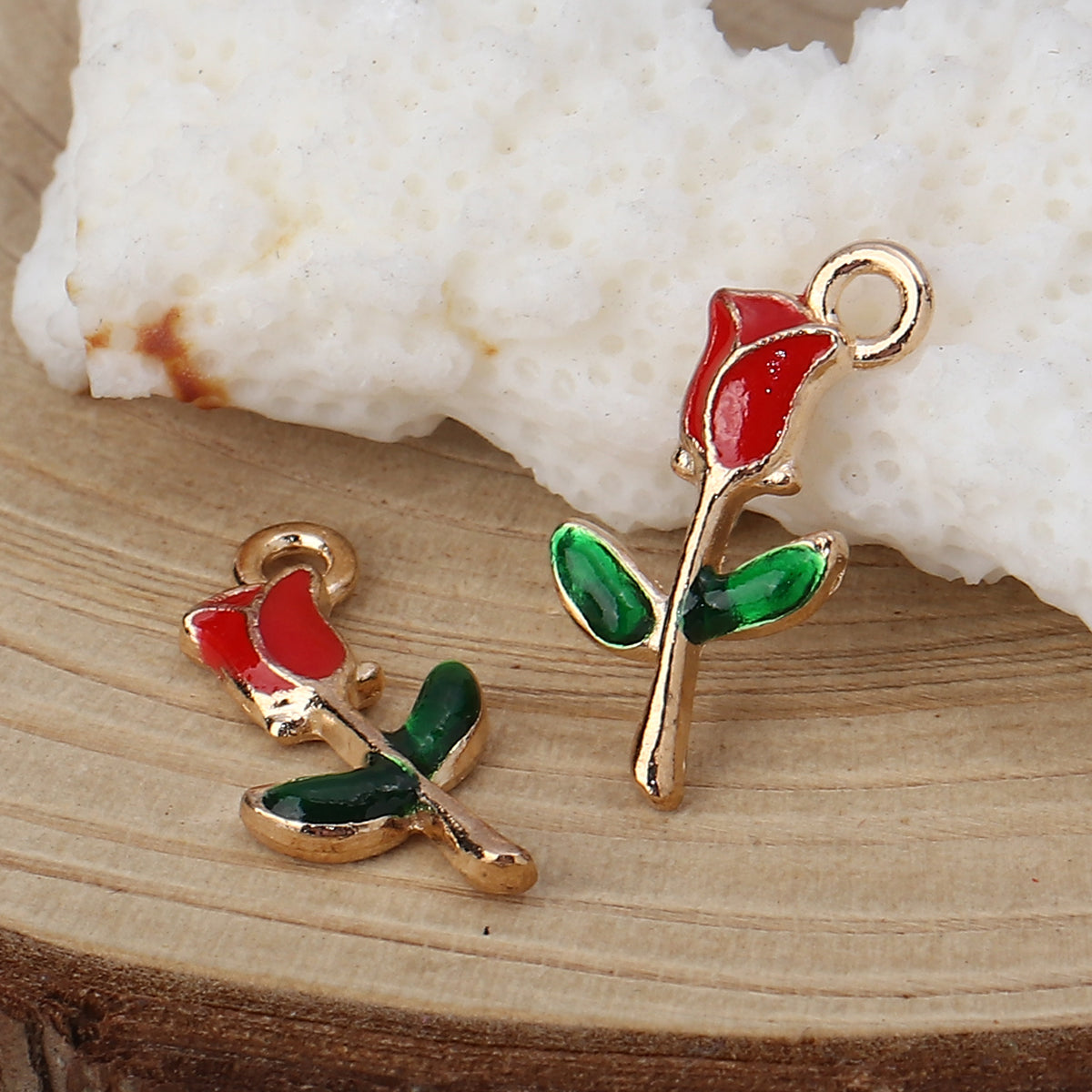 10 Single Red Rose Charms - Gold Plated & Enamel - 19mm x 10mm Charms Julz Beads 