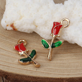 10 Single Red Rose Charms - Gold Plated & Enamel - 19mm x 10mm Charms Julz Beads 