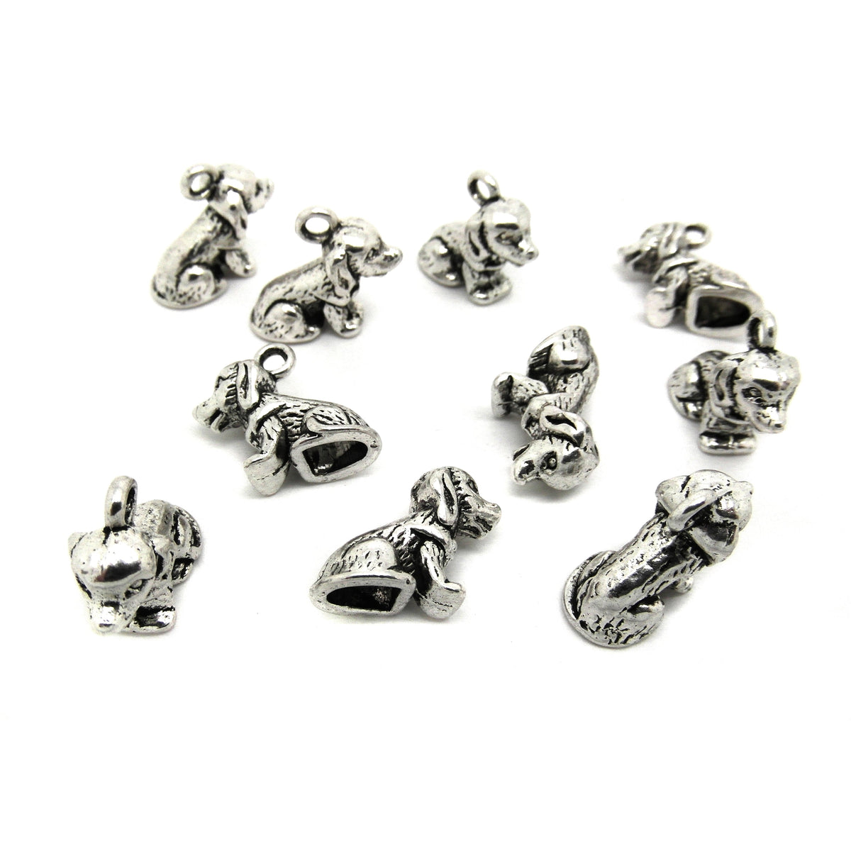 10 Sitting Puppy Charm - Antique Silver - 16.5mm x 14mm Charms Julz Beads 