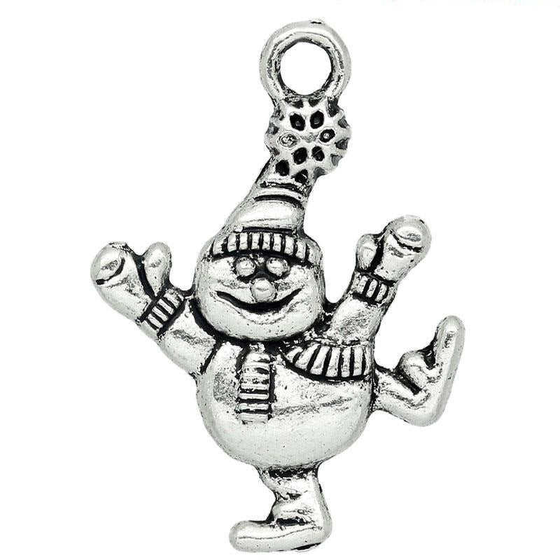 10 Skating Snowman Christmas Charms - Antique Silver Tone - 30mm x 22mm Charms Julz Beads 