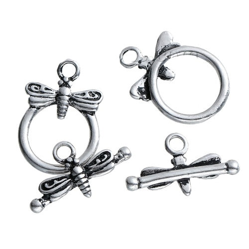2 Dragonfly Toggle Clasps - Antique Silver Tone- 19mm x 13mm Clasps Julz Beads 