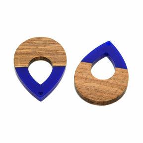 2 Resin & Wallnut Wood Teardrop Pendants - 38mm x 25.5mm Charms Julz Beads 