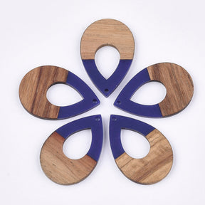 2 Resin & Wallnut Wood Teardrop Pendants - 38mm x 25.5mm Charms Julz Beads 