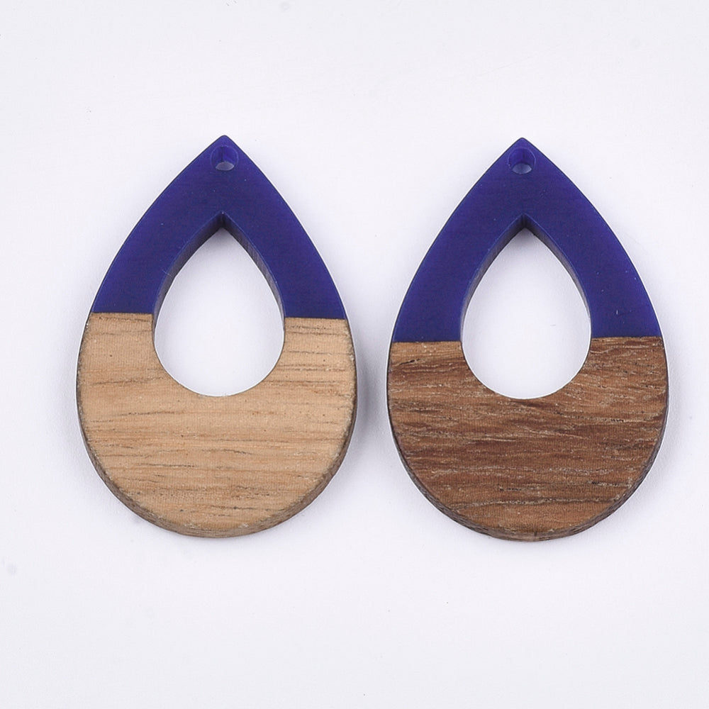 2 Resin & Wallnut Wood Teardrop Pendants - 38mm x 25.5mm Charms Julz Beads 