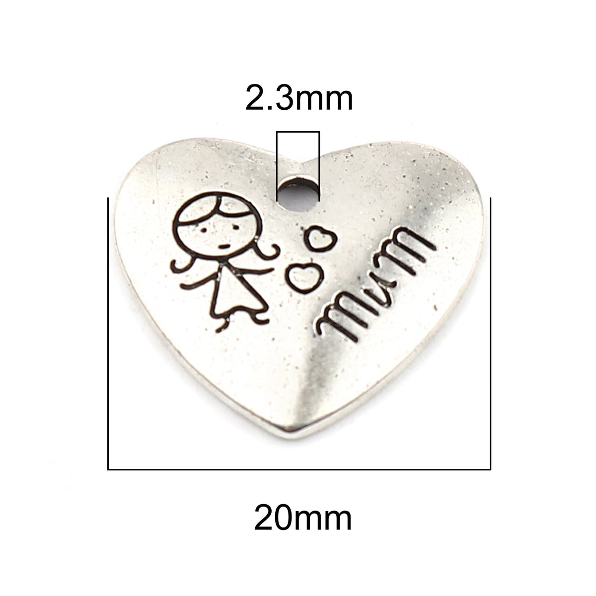 20 Heart With 'Mum' & Child Engraving - Silver Tone - 20mm x 18mm Charms Julz Beads 