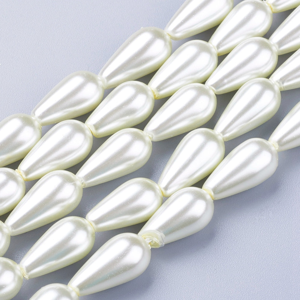 24 Faux Glass Pearl Tear Drop Beads - White - 16mm x 8mm Glass Julz Beads 