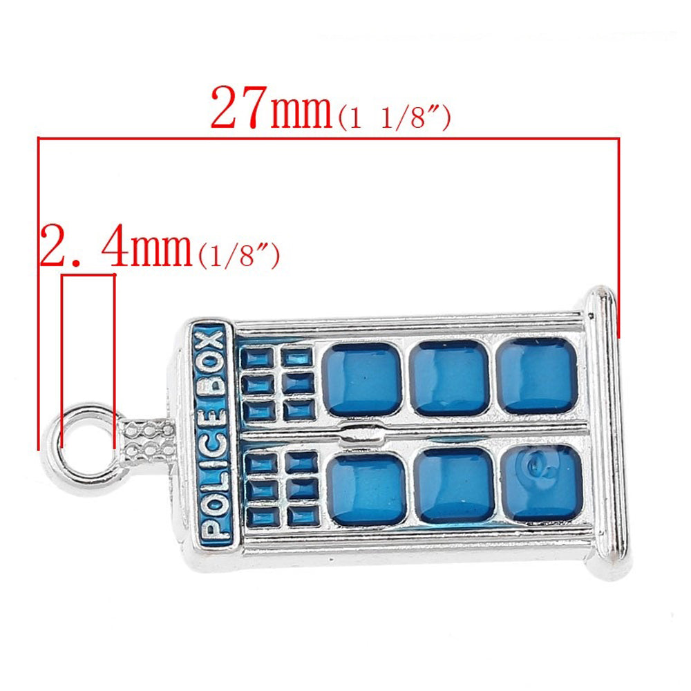 3 Police Box Charms - Silver Tone with Blue Enamelling - 27mm x 14mm Charms Julz Beads 