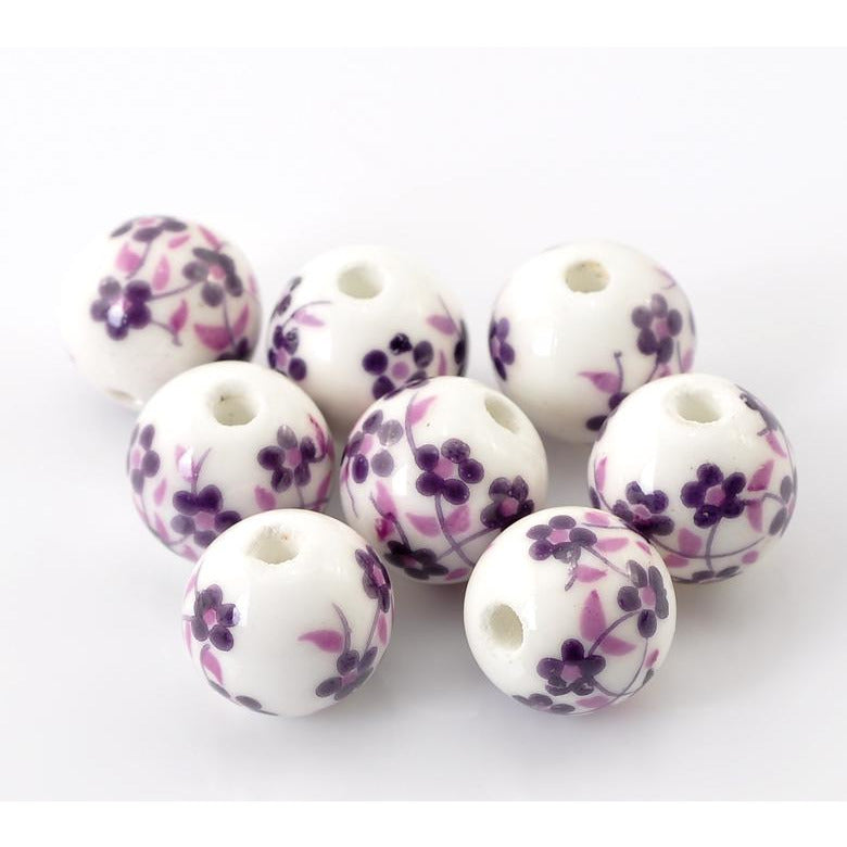 30 Ceramic Purple Flower Beads - 12mm Clay Julz Beads 