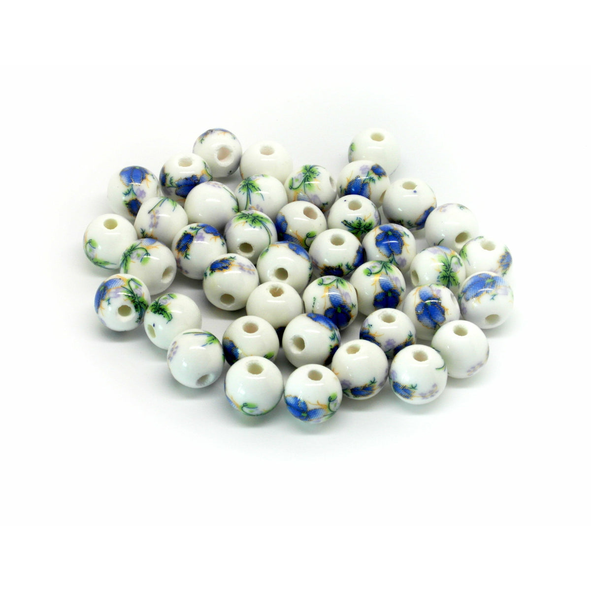 40 Ceramic Flower Blue & White Beads - 8mm Clay Julz Beads 