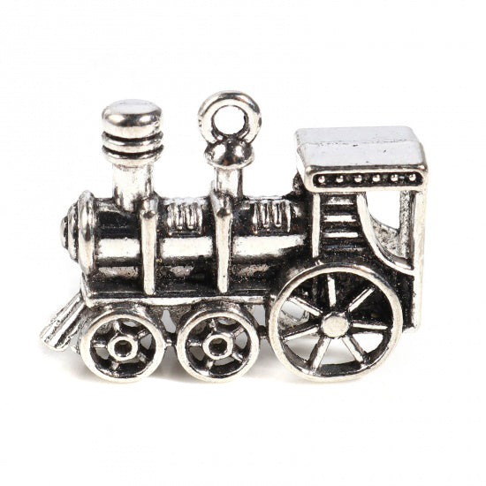 5 3D Stream Trains - Antique Silver Tone - 27mm x 21mm Charms Julz Beads 