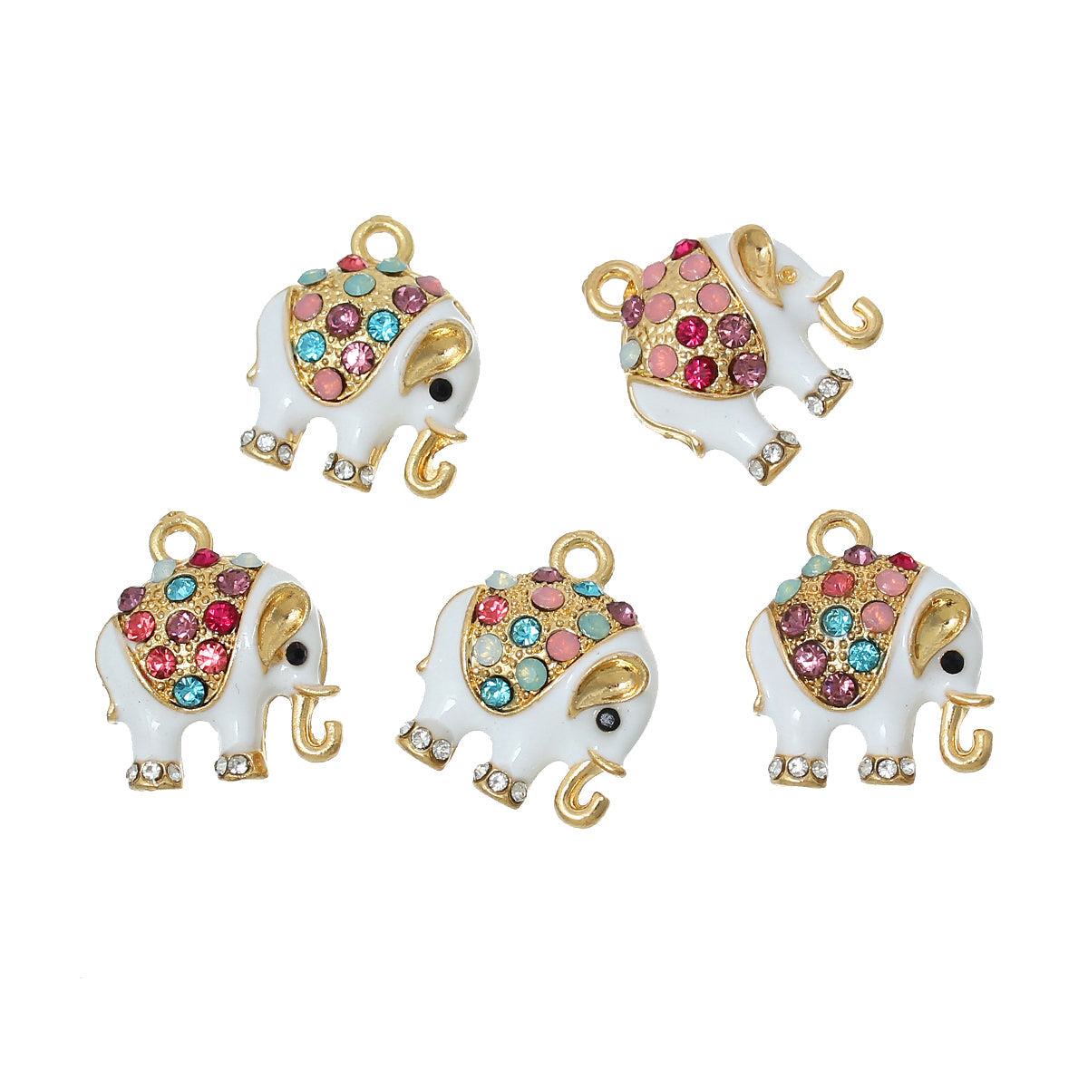 5 Elephant Charms - Gold Tone with White Enamelling & Rhinestones - 18mm x 15mm Charms Julz Beads 