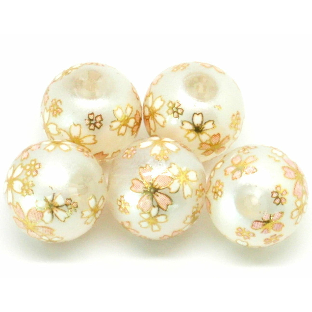 5 Japanese Tensha Glass Beads - 12mm - White with Cherry Blossom Decoration Glass Julz Beads 