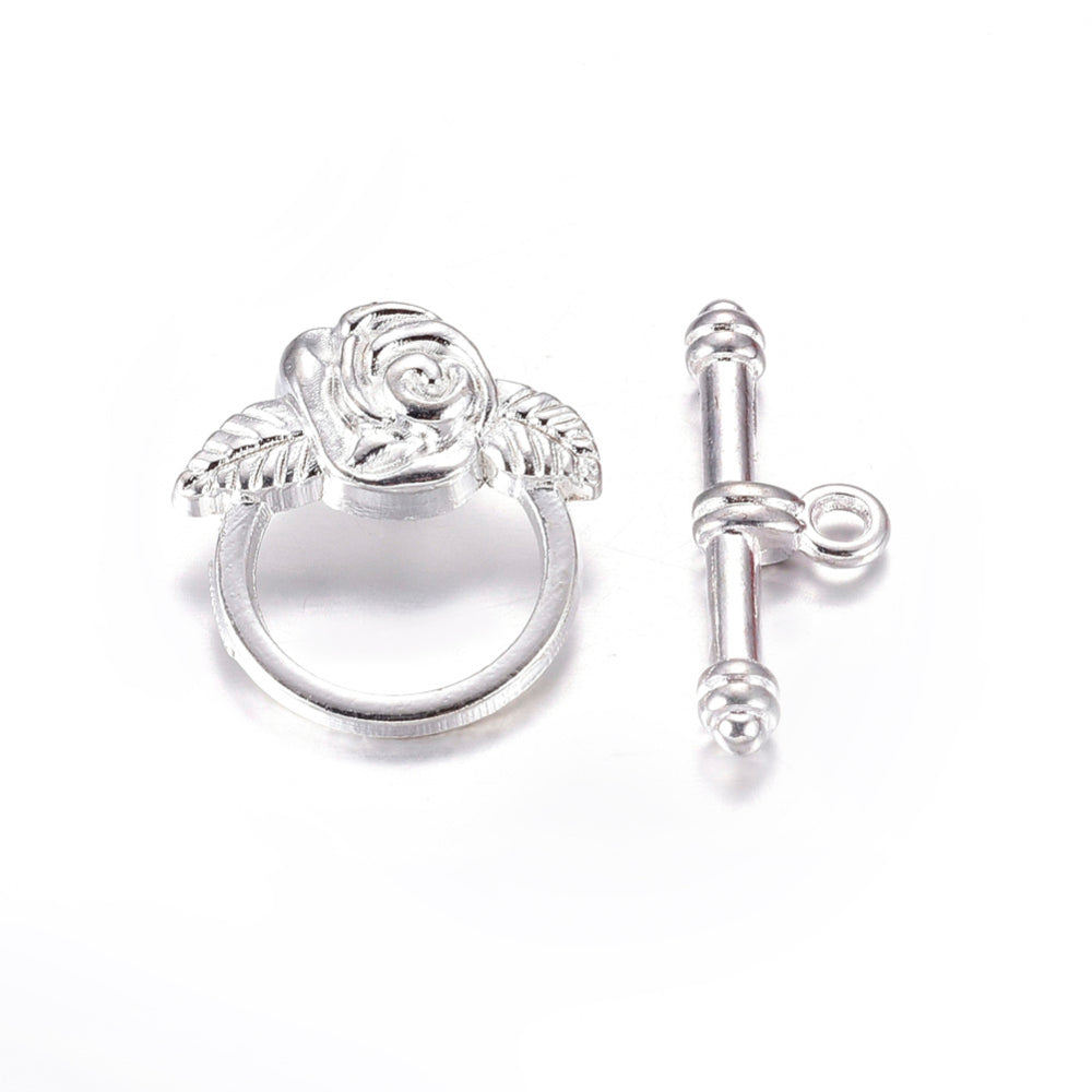 5 Rose Flower Toggle Clasps Sets - Silver Plated - 24mm x 19mm Julz Beads 