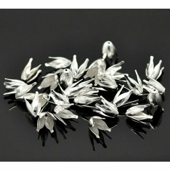 50 Flower Bead Caps - Silver Plated - 13mm x 8mm Julz Beads 