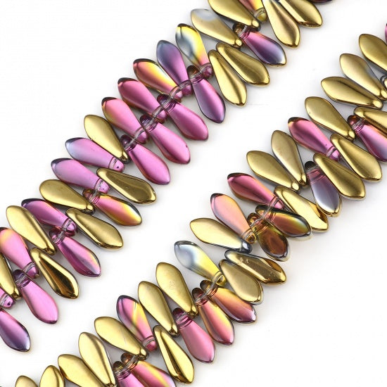 50 Fuchsia Teardrop Glass Beads - Two Tone Purple Gold - 16mm x 6mm Julz Beads 