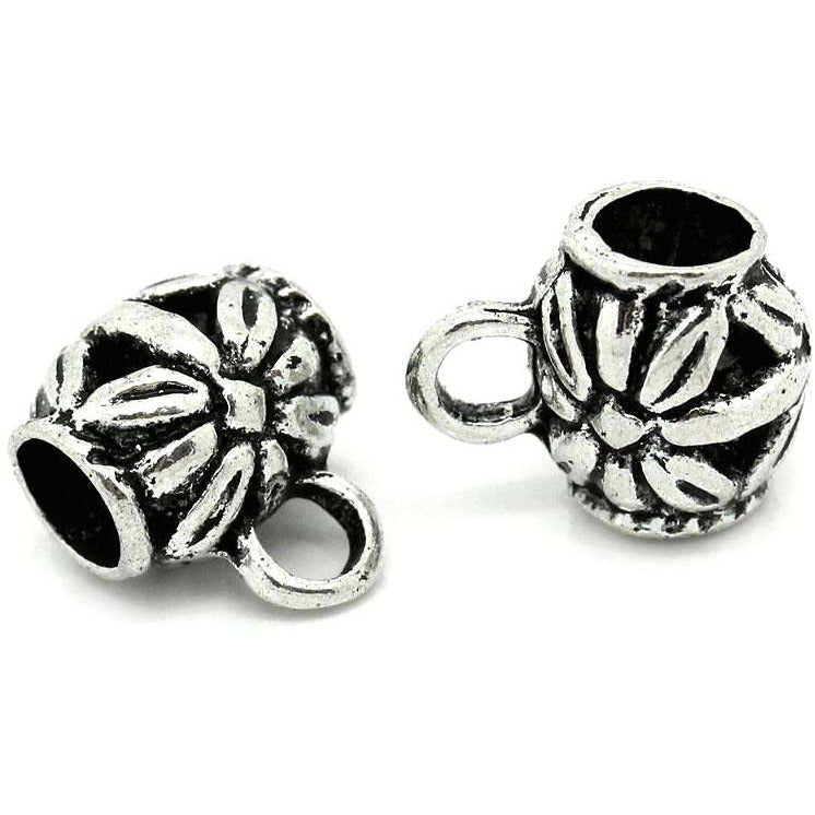 50 Pendant Bails - Flower Pattern - Antique Silver Tone - 11mm x 9mm Julz Beads 