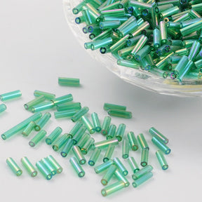 50g AB Coated Green Bugle Seed Beads - 6mm x 1.8mm Seed Julz Beads 