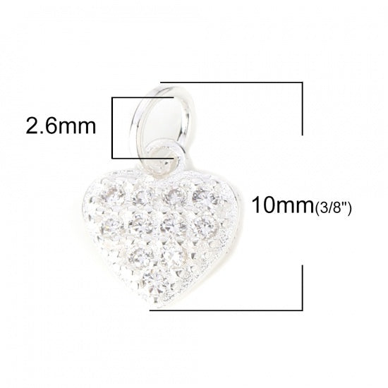 Sterling Silver Heart Charm - Rhinestone - 10mm - Pack of 1