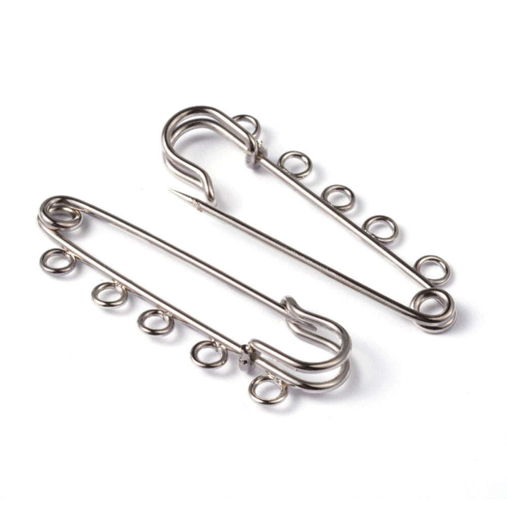 10 Large 5 Hole Brooch Pins - 50mm x 16mm - Silver Tone