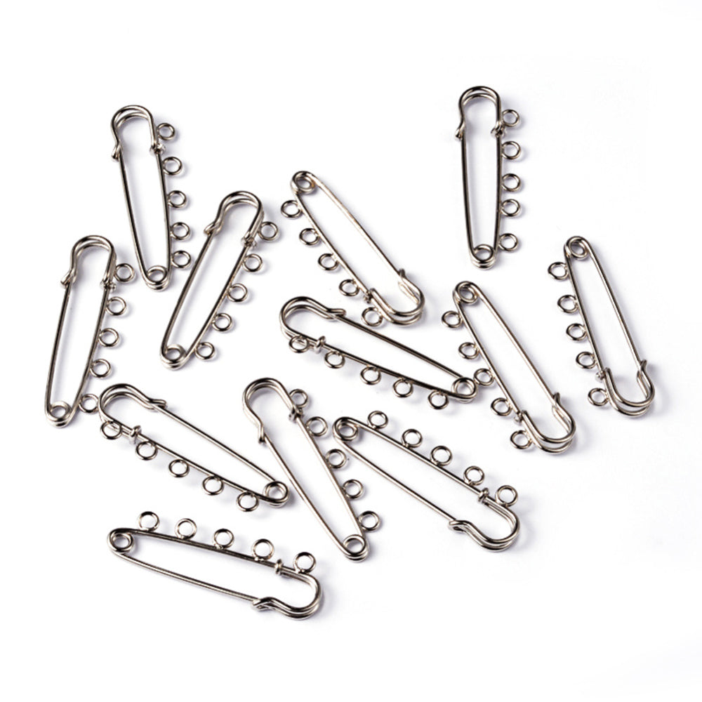 10 Large 5 Hole Brooch Pins - 50mm x 16mm - Silver Tone