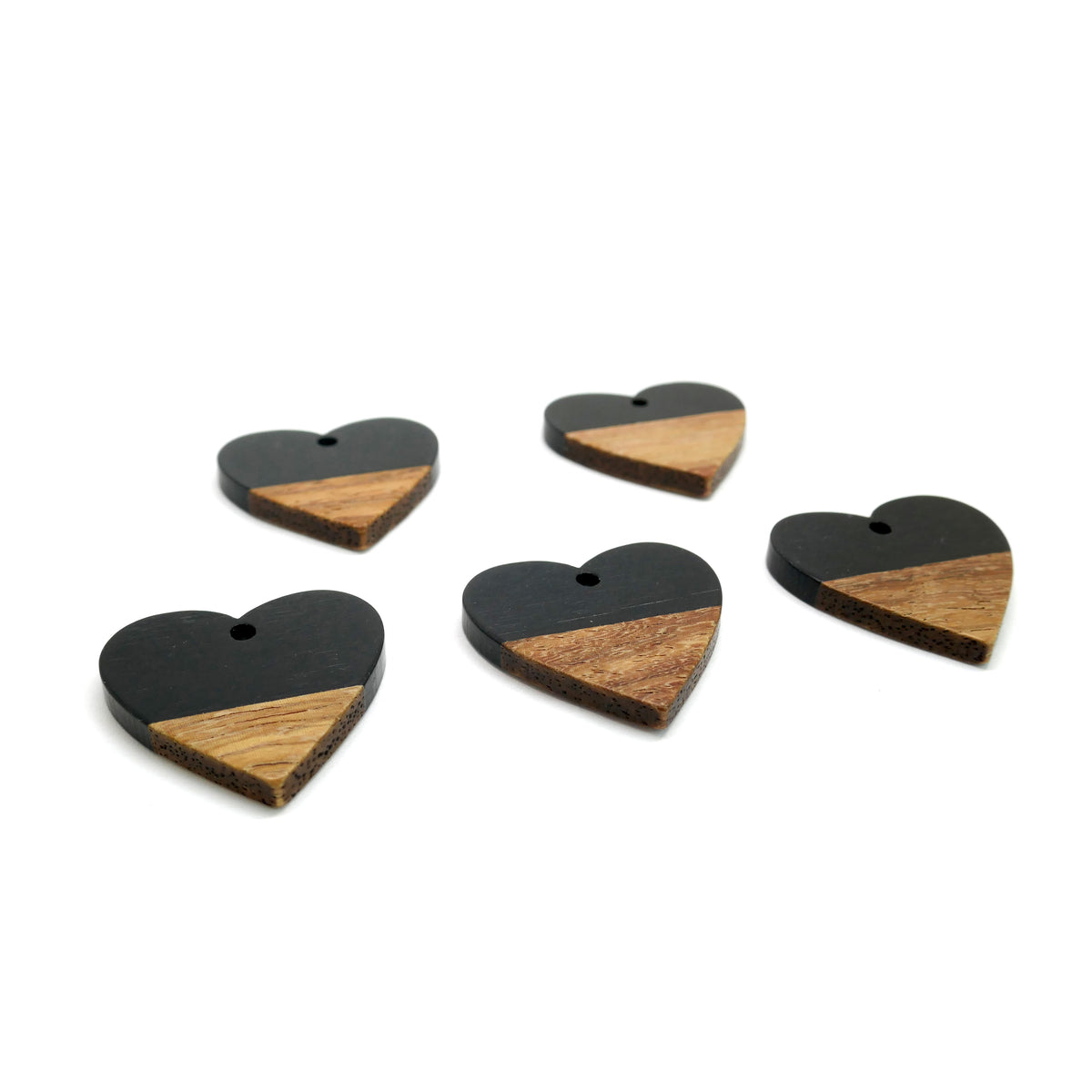 Black Heart Wooden Charms - Resin - 24mm - Pack of 5