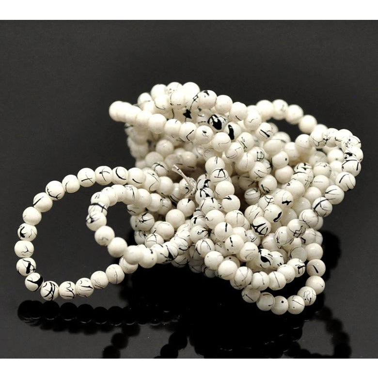 One Strand Glass - White With Black Splashes - 4mm - Approx 210 Beads Glass Julz Beads 